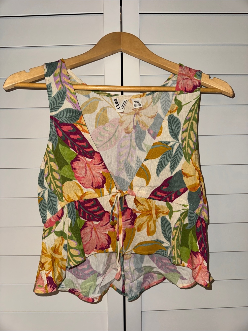Roxy Floral Tie-Front Tank Top - Green, Pink, Yellow